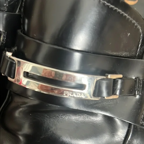 Prada Black Patent Leather Loafers with Silver Detail